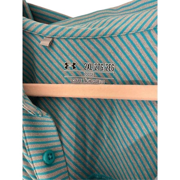 Men's Under Armour Teal Stripe 2XL Button Golf Tech Polo Country Club Preppy - Picture 5 of 5